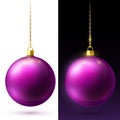 Realistic crimson matte Christmas balls hanging on gold beads chains.