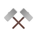 Realistic crossed metal hammers with wooden handle. Weapon of Thor icon. Vector illustration.