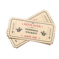 Realistic crossed pair retro cinema tickets isolated on white background