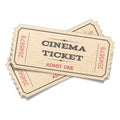 Realistic crossed pair retro cinema tickets isolated on white background