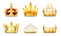 Realistic crown and tiara. Golden royal crowns, queens gold diadem and monarchs crown vector set Royalty Free Stock Photo
