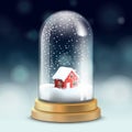 Realistic crystal ball or tall flask with snow inside and red cozy little house - symbol of Christmas, vector. Royalty Free Stock Photo