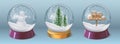 Realistic crystal snow ball with snowman and christmas tree. Glass globe sphere with winter holiday decoration. 3d xmas snowglobe Royalty Free Stock Photo