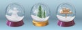 Realistic crystal snow ball with snowman and christmas tree. Glass globe sphere with winter holiday decoration. 3d xmas