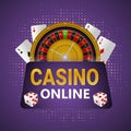 Realistic csino background with cards, chips and roulette wheel