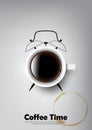 A realistic cup of black coffee and coffee cup stain with coffee clock concept , transparent vector