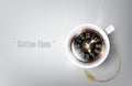 A realistic cup of black coffee and coffee cup stain with coffee clock concept , vector illustration Royalty Free Stock Photo