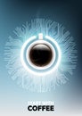 A realistic cup of black coffee with power button and microchip concept and futuristic electronic technology background