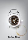 A realistic cup of black coffee and coffee cup stain with coffee clock concept , vector illustration Royalty Free Stock Photo
