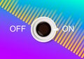 A realistic cup of coffee and abstract On Off switcher on bright blue and purple background with sound wave equalizer. Royalty Free Stock Photo