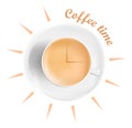 Realistic cup of coffee. Coffee time concept. Arrows of clock on the coffee surface. Royalty Free Stock Photo