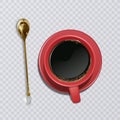 Realistic cup of coffee with a golden teaspoon, an orange cup, top view. Vector illustration