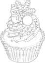 Realistic cupcake with snowman, cream, sprinkles and snowflake sletch template.