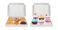 Realistic cupcakes and cookies. Biscuits muffins packaging, creamy and chocolate bakery products in white box vector Royalty Free Stock Photo