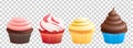 Realistic cupcakes with cream. Vector muffins isolated on transparent background