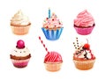 Realistic cupcakes. 3d pastry dessert, cupcake muffin with whipped cream, honey flavors homemade pastries in cup plate