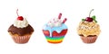 Realistic cupcakes. Homemade sweet dessert with pink and white icing in paper cups. Chocolate caramel and rainbow muffins with