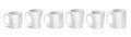 Realistic cups. 3D white mugs. Types set of blank ceramic teacups. Isolated tableware for drinking coffee or tea. Row of