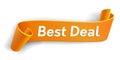 Realistic curved ribbon, orange paper banner on white background.Best deal. Greating card.Blank. Paper scroll.