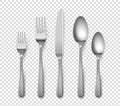 Realistic cutlery. 3D forks and knives or spoons. Isolated metal objects for table setting on transparent background Royalty Free Stock Photo