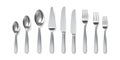 Realistic cutlery. Spoons, forks and table knives. Silverware utensil for serving. Dessert spoon and cake knife. Metal