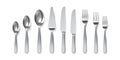 Realistic cutlery. Spoons, forks and table knives. Silverware utensil for serving. Dessert spoon and cake knife. Metal tableware