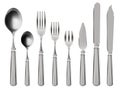 Realistic cutlery. Stainless steel tableware, knife, spoon and forks. Restaurant or home kitchen 3d silverware vector Royalty Free Stock Photo