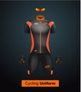 Realistic cycling uniform template. Black and orange. Branding mockup. Bike or Bicycle clothing and equipment. Special kit: