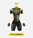 Realistic cycling uniform template. Black and yellow. Branding mockup. Bike or Bicycle clothing and equipment. Special kit: