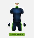 Realistic cycling uniform template. Blue and green. Branding mockup. Bike or Bicycle clothing and equipment.