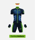 Realistic cycling uniform template. Blue and green. Branding mockup.