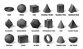 Realistic 3d basic shapes. Sphere shape with shadow, cube geometry and prism model in perspective concept vector illustration set Royalty Free Stock Photo