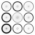 Realistic 3d bicycle wheels. Bike rubber tyres, shiny metal spokes and rims. Fitness cycle, touring, sport, road and Royalty Free Stock Photo