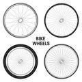 Realistic 3d bicycle wheels. Bike rubber tyres, shiny metal spokes and rims. Fitness cycle, touring, sport, road and Royalty Free Stock Photo