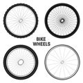 Realistic 3d bicycle wheels. Bike rubber tyres, shiny metal spokes and rims. Fitness cycle, touring, sport, road and Royalty Free Stock Photo