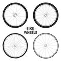 Realistic 3d bicycle wheels. Bike rubber tyres, shiny metal spokes and rims. Fitness cycle, touring, sport, road and Royalty Free Stock Photo