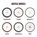 Realistic 3d bicycle wheels. Bike rubber tyres, shiny metal spokes and rims. Fitness cycle, touring, sport, road and Royalty Free Stock Photo