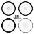 Realistic 3d bicycle wheels. Bike rubber tyres, shiny metal spokes and rims. Fitness cycle, touring, sport, road and Royalty Free Stock Photo