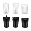 Realistic 3D Black and White Blank Doy Pack Mock up set. Vector Doypack Template Packing with and without screw cap.