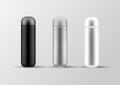 Realistic 3d black, white and silver empty glossy metal vacuum thermo tumbler flask icon set closeup.