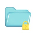 Realistic 3d blue folder with lock icon. Decorative 3d management, opened file element, web protected symbol, security icon,