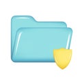 Realistic 3d blue folder with shield icon. Decorative 3d user management, opened file element, web protected symbol, security icon