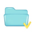 Realistic 3d blue folder yellow check or correct sign. Decorative 3d checkmark, opened file element, web symbol, check approved