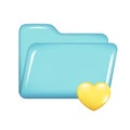 Realistic 3d blue folder with yellow heart. Decorative 3d management, opened file element, web symbol, paper icon, archive sign. Royalty Free Stock Photo