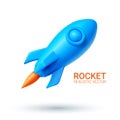 Realistic 3d blue rocket flying in space. Spaceship rocket icon isolated on white background. Catroon space shuttle for Royalty Free Stock Photo