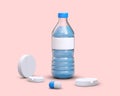 Realistic 3d bottle of water and different pills. Collection for first aid