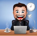 Realistic 3D Businessman Character Working on Office Desk Table with Laptop. Vector Illustration
