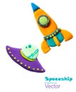 Realistic 3d cartoon flying rocket on white background. Cute stylised spaceship. Colorful bright vector illustration