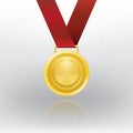 Realistic 3d Champion Gold medal with red ribbon