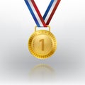 Realistic 3d Champion Gold medal with red ribbon